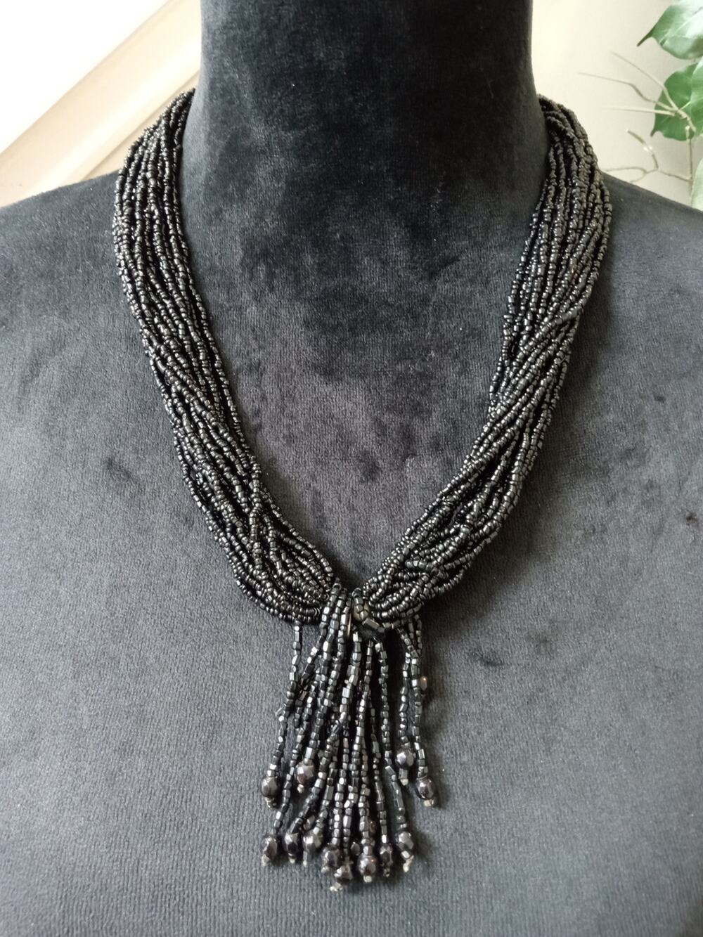 Black Multi Strand Seed Bead Necklace Twisted Tassel Statement Bib Collar
